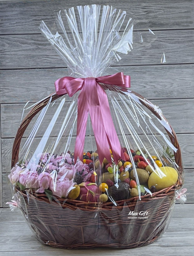 Подарочная корзина с фруктами и цветами «Фруктовое наслаждение»