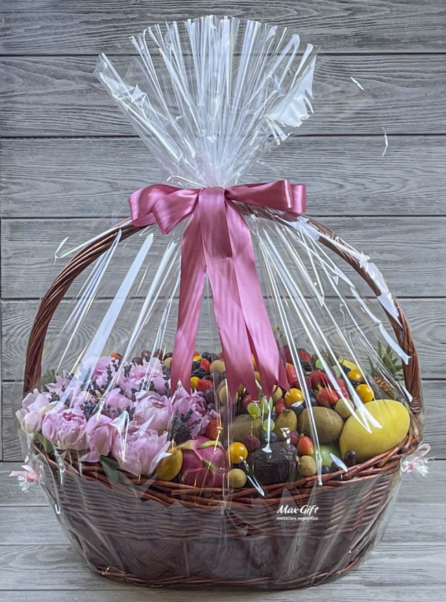 Подарочная корзина с фруктами и цветами «Фруктовое наслаждение»